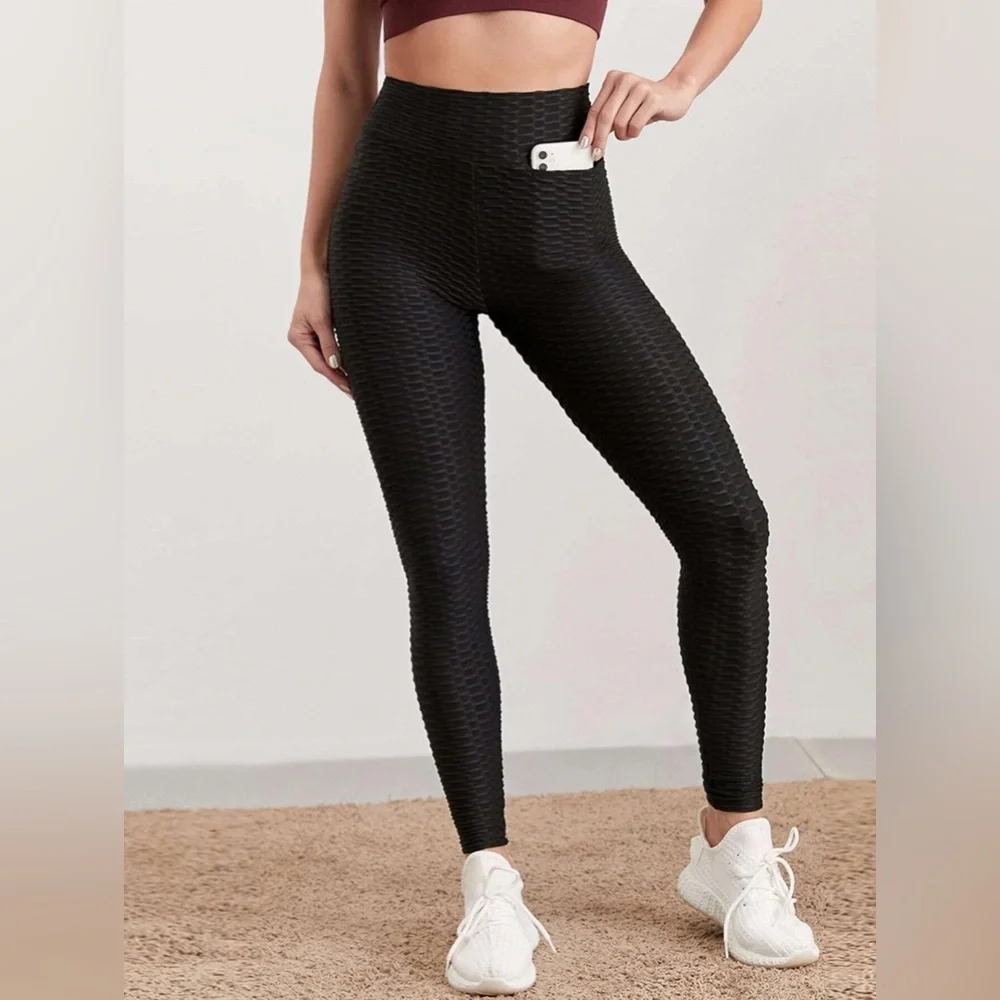 SHEIN Solid Textured Sports Leggings with Phone Pocket - Picture 1 of 16